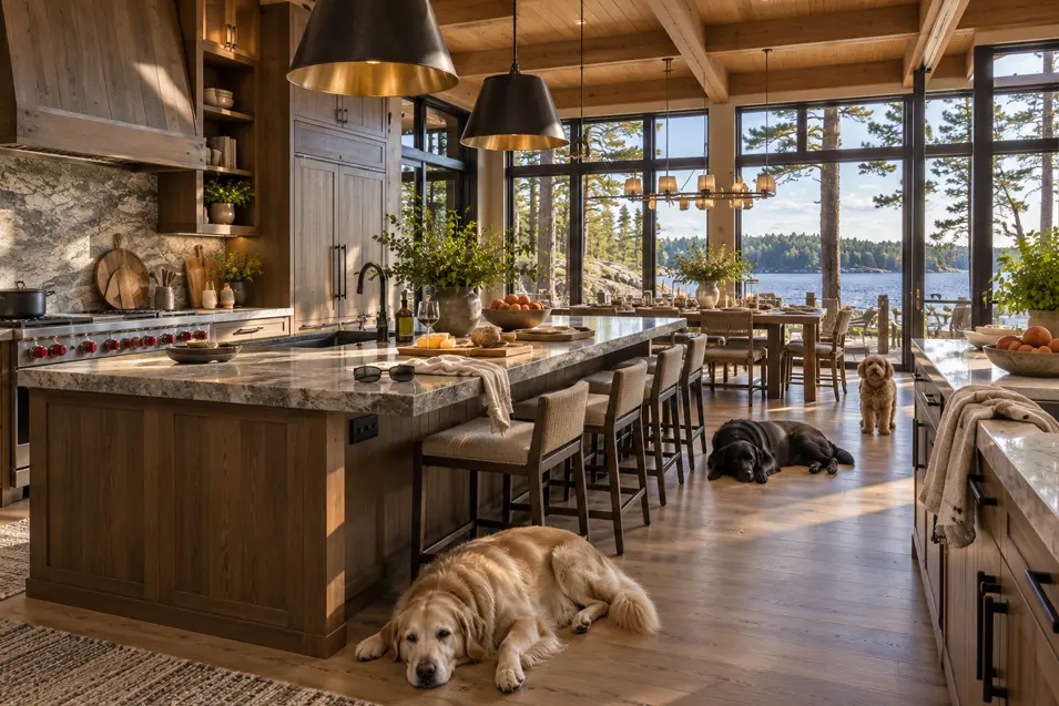 A warm Muskoka kitchen with timber cabinetry, stone counters, expansive lake views and three dogs comfortably settled amid family life.