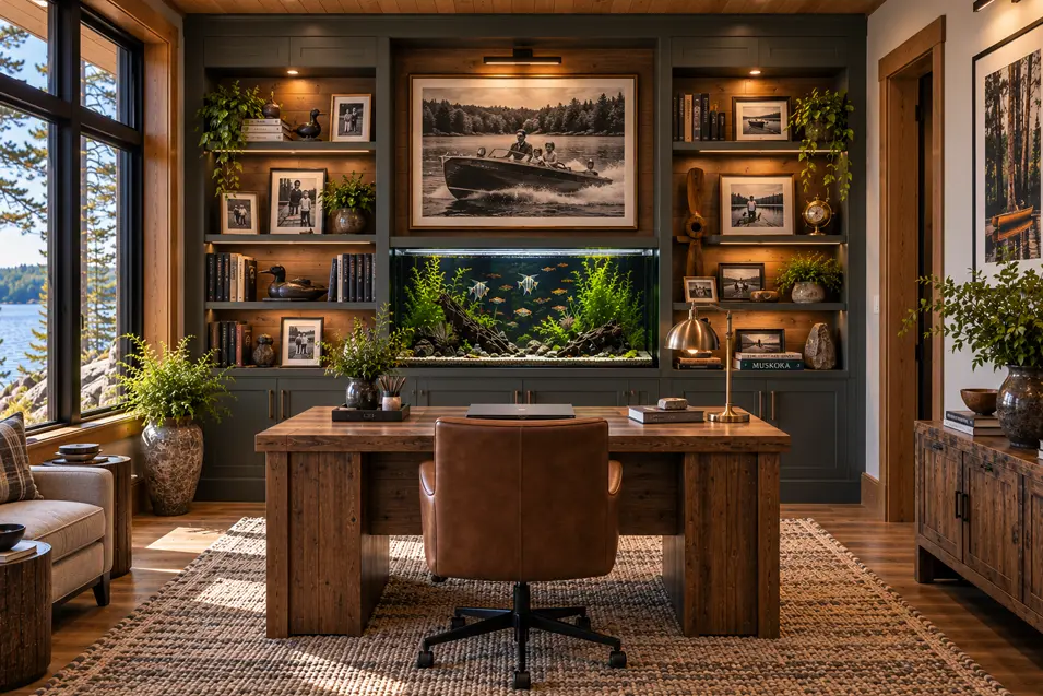 A sophisticated Muskoka home office pairs rustic timber with family photos, lake memorabilia, built-in shelving and a striking aquarium.