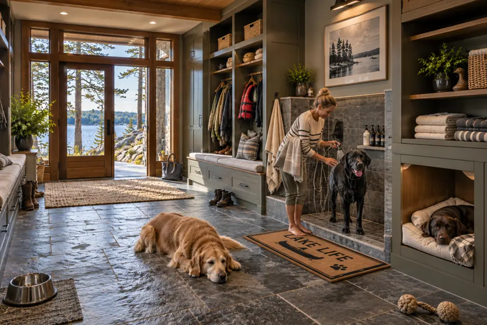 A luxurious Muskoka mudroom with lake views, built-in storage, a dog-washing station and three dogs settling into cottage life.
