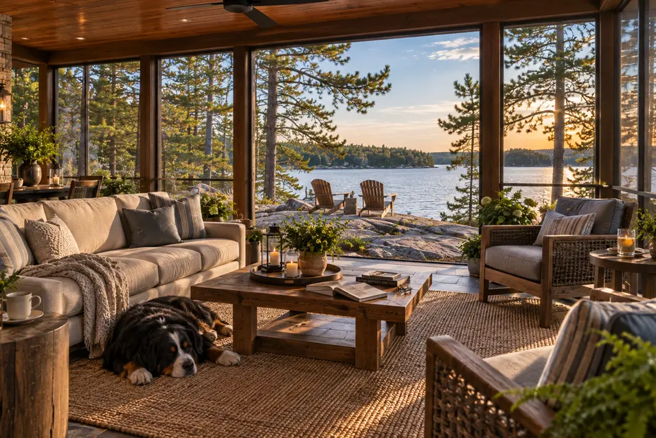 A serene Muskoka cottage living room opens to a spectacular lake view at sunset, with a Bernese Mountain Dog resting beside the sofa.