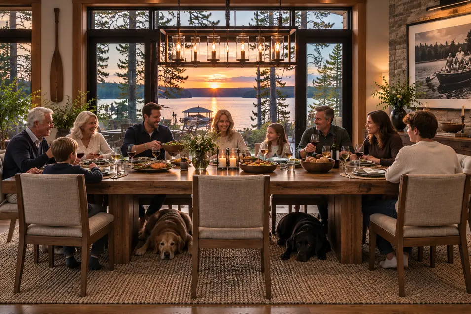 A family gathers for dinner in a warm Muskoka dining room as two Labradors relax beneath the table and the sun sets over the lake.
