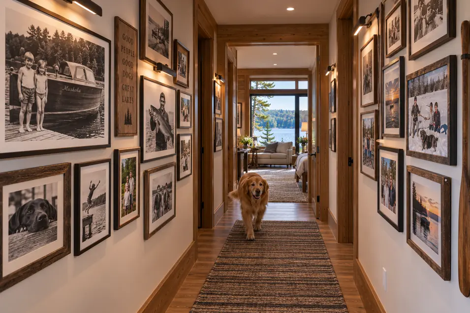 A warm Muskoka cottage hallway lined with family photos, lake memories and rustic wood, as a golden retriever wanders toward the camera.