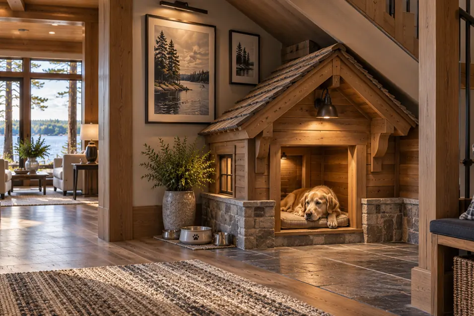 A custom timber dog nook tucked beneath the stairs gives a Labrador a cozy retreat while complementing the luxurious Muskoka cottage.