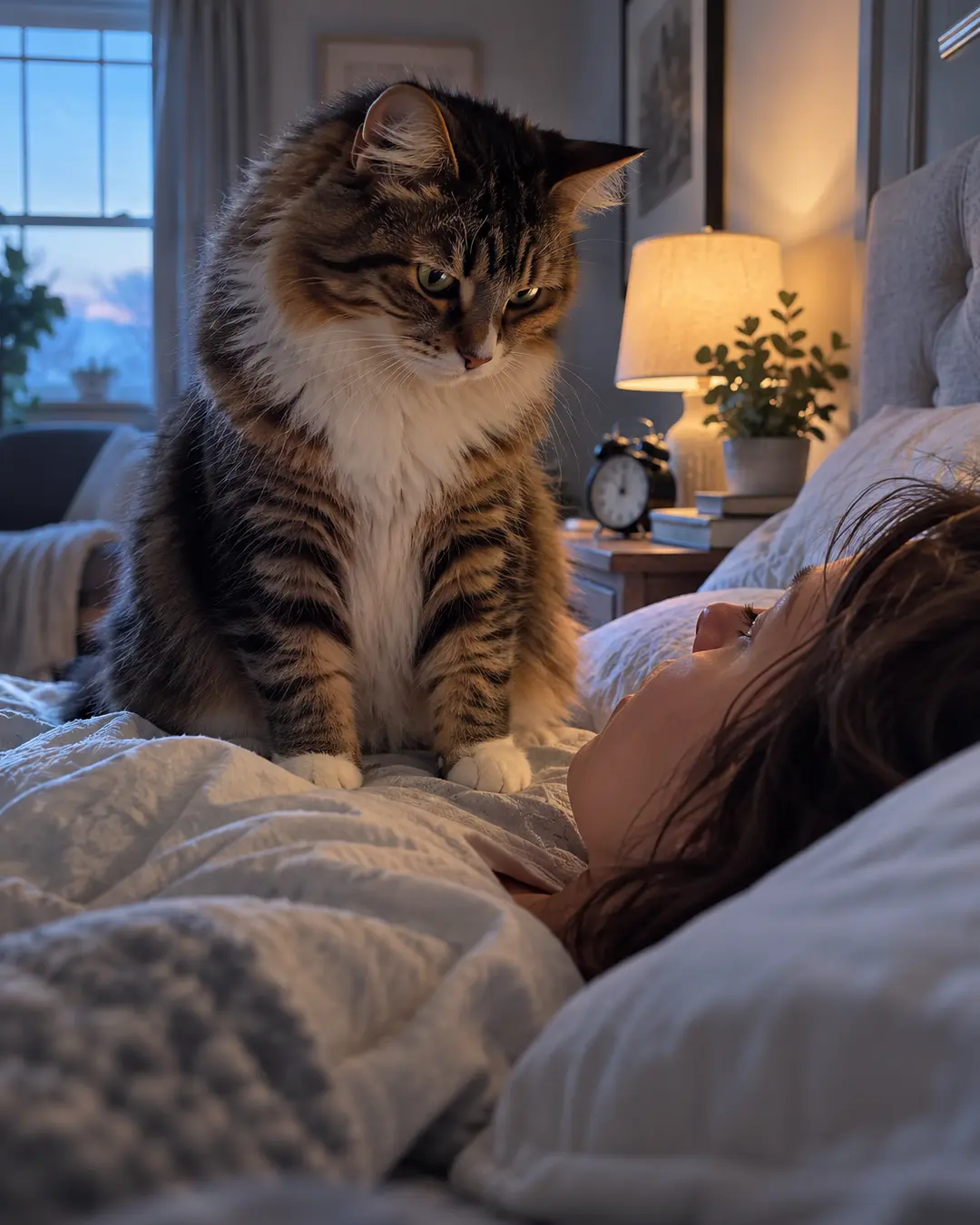 A fluffy tabby cat sits on the bed at dawn, staring intently at its owner as if to say breakfast is already overdue.