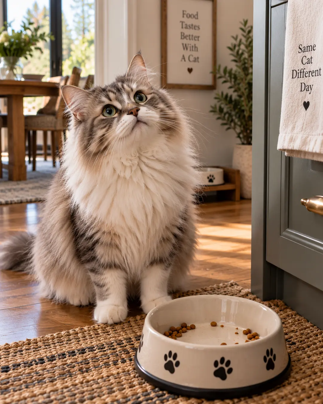 A fluffy cat sits beside its nearly empty food bowl, looking upward with the unmistakable expression of someone expecting an immediate refill.