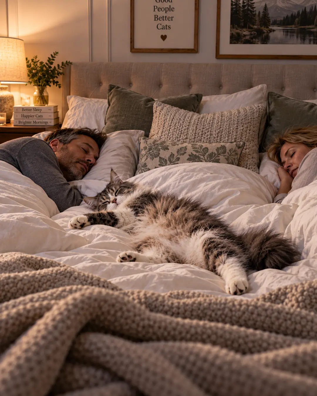 A fluffy cat sprawls comfortably across the bed between its sleeping owners, clearly claiming the best spot for itself.