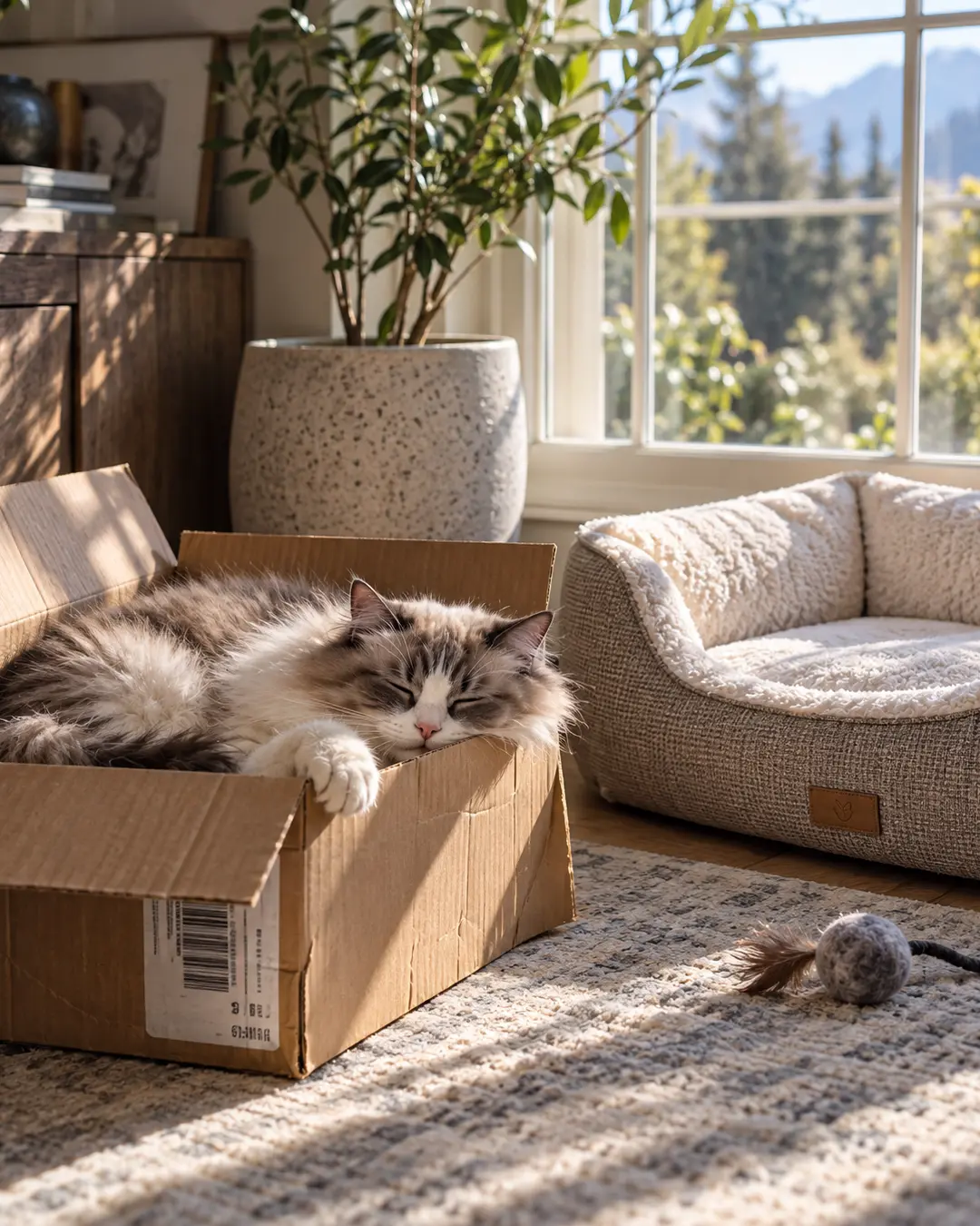 A fluffy cat naps contentedly in a cardboard box beside an expensive empty cat bed, proving once again that cats make their own rules.
