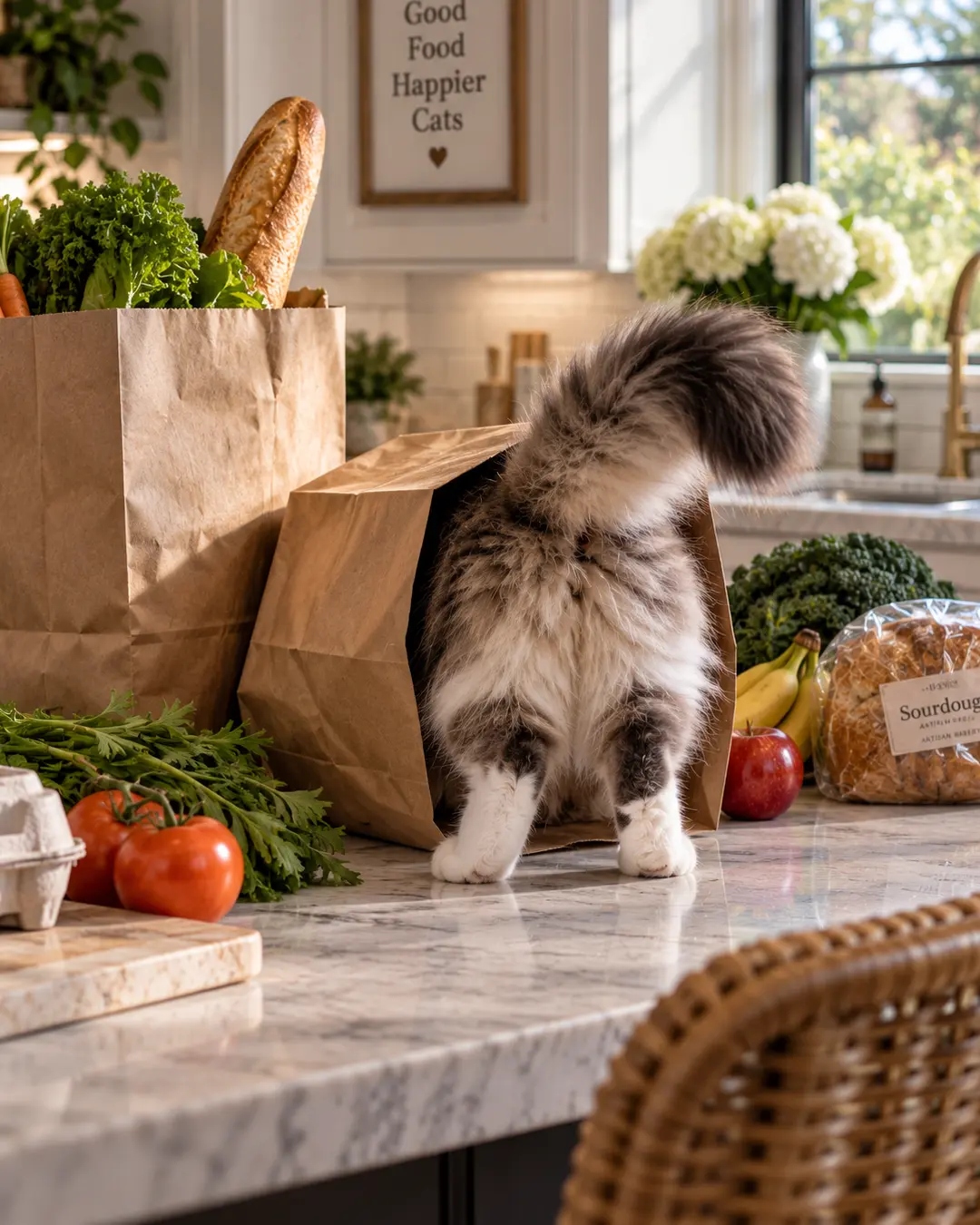 A curious fluffy cat disappears headfirst into a grocery bag on the kitchen counter, apparently conducting a thorough inspection of the shopping.