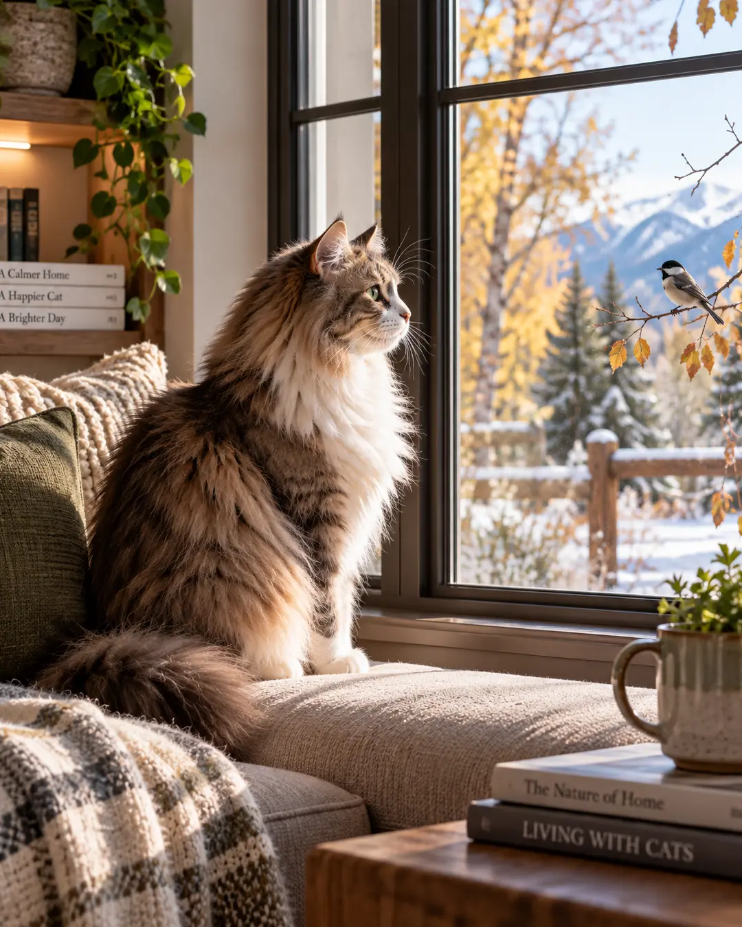 A fluffy cat watches a small bird through a sunny window, quietly captivated by the autumn scene and snow-covered mountains beyond.