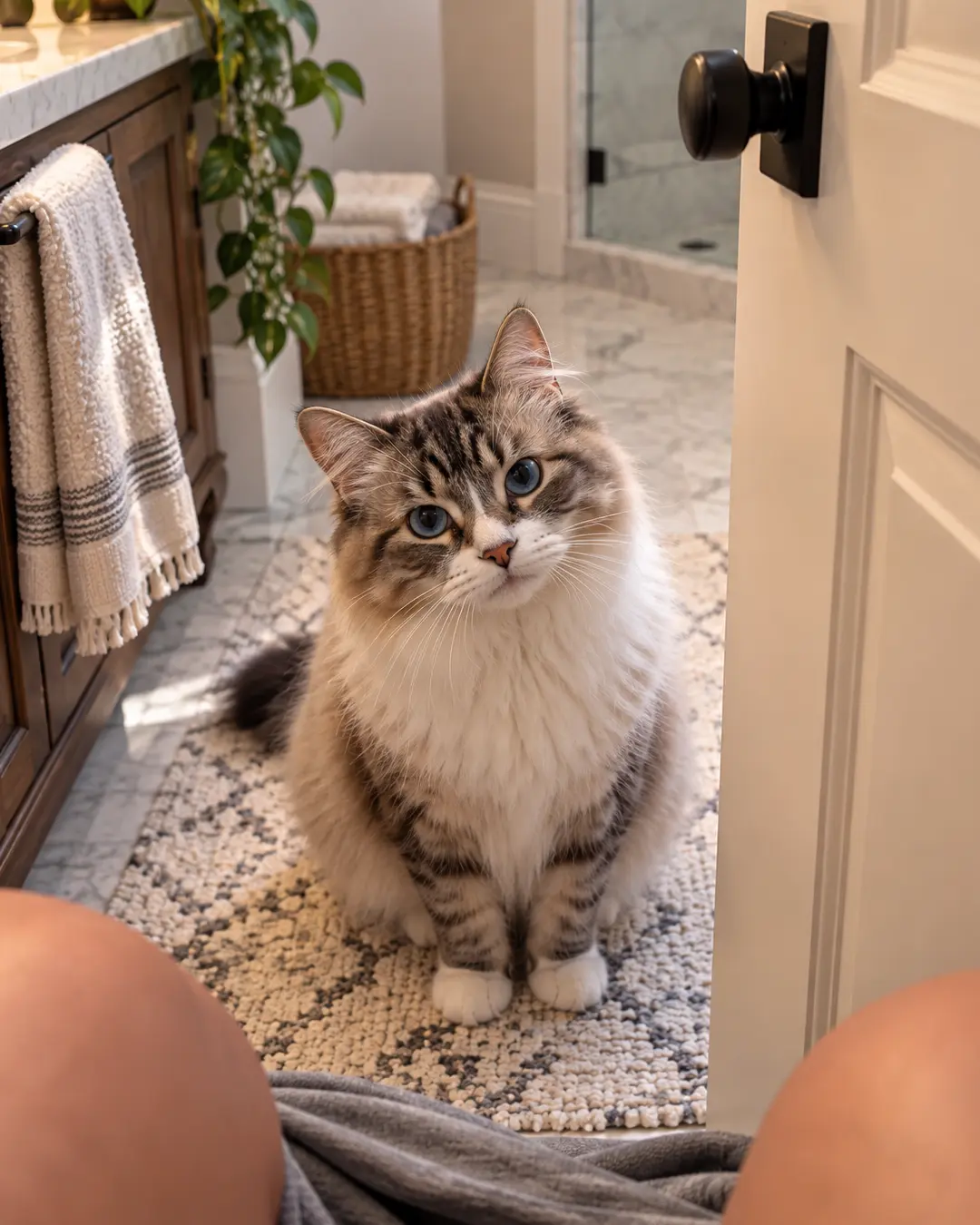 A fluffy blue-eyed cat waits patiently outside the bathroom door, proving that privacy is apparently not included with cat ownership.