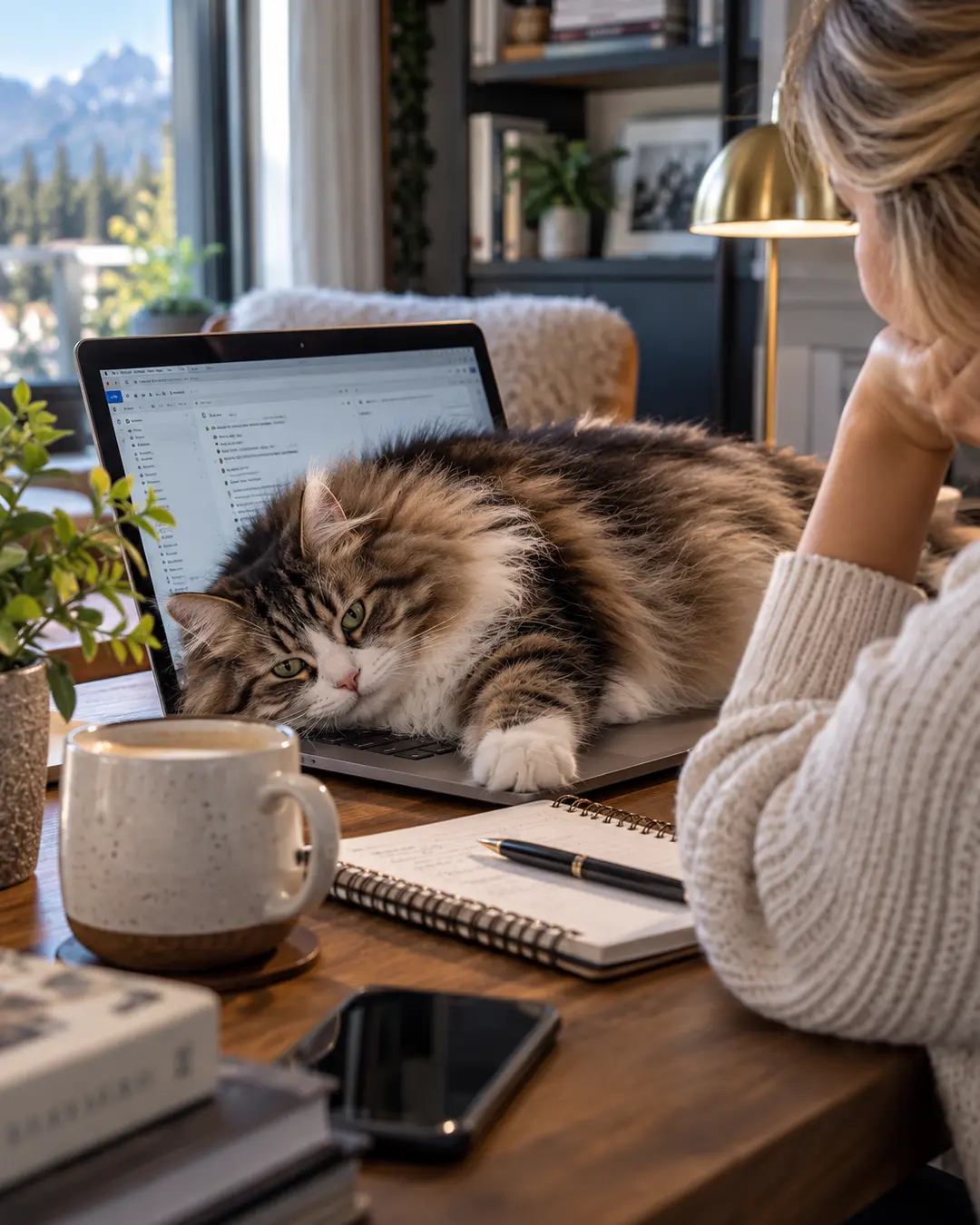 A fluffy cat sprawls across a laptop during the workday, making it perfectly clear that working from home comes with feline management.