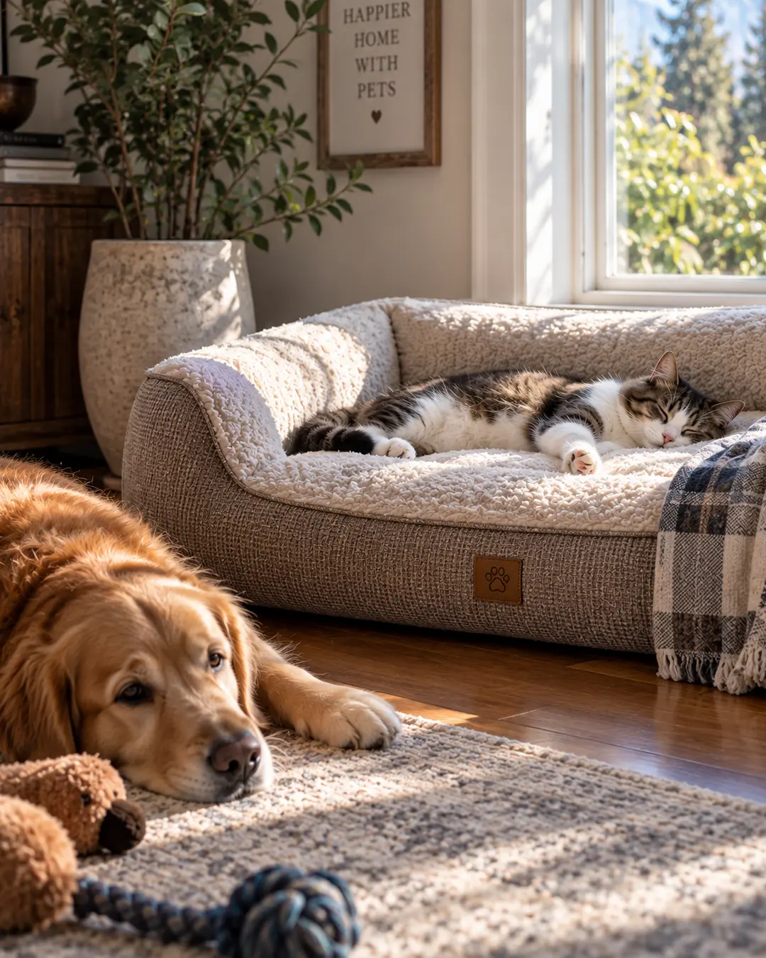 A dog and cat relax together in a sunlit living room, perfectly capturing the quiet comfort of a happy, pet-friendly home.