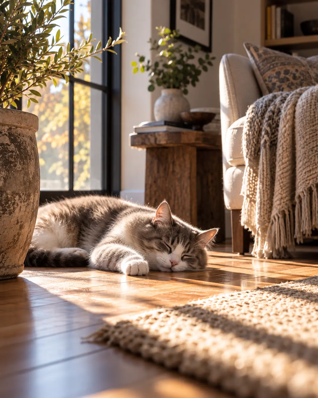 A contented cat naps in a warm patch of afternoon sunlight, stretched across the hardwood floor beside a cozy chair.