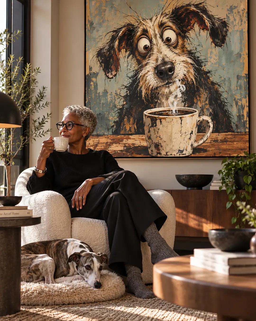 A woman enjoys coffee in a stylish living room while her dog relaxes beneath a playful oversized painting of a coffee-loving pup.