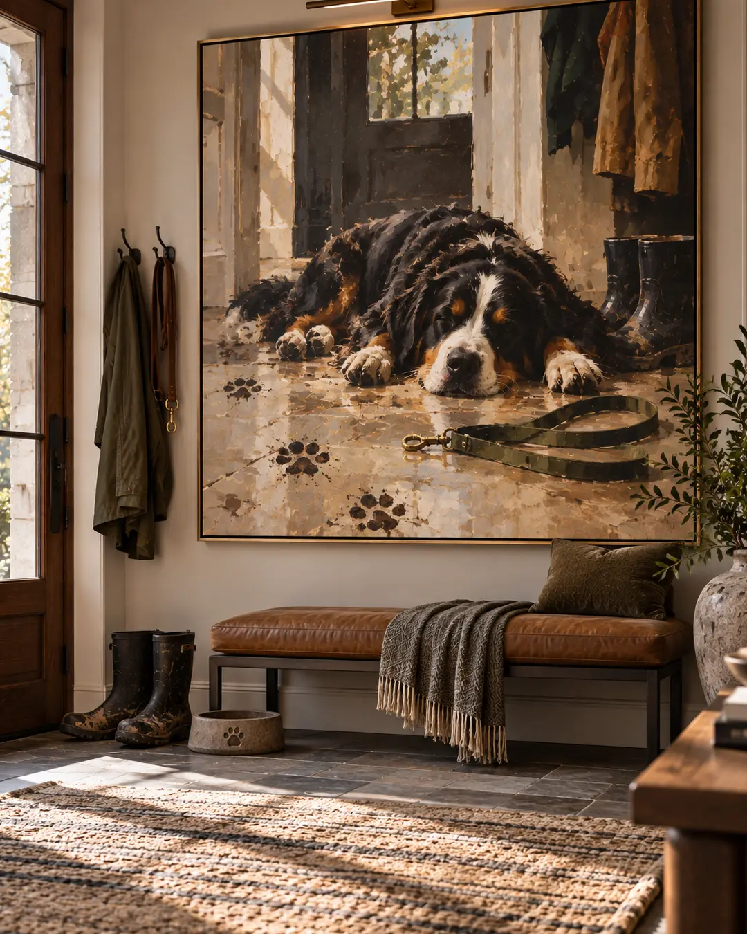 A muddy Bernese Mountain Dog collapses after a walk in an oversized painting that turns everyday dog chaos into sophisticated entryway art.
