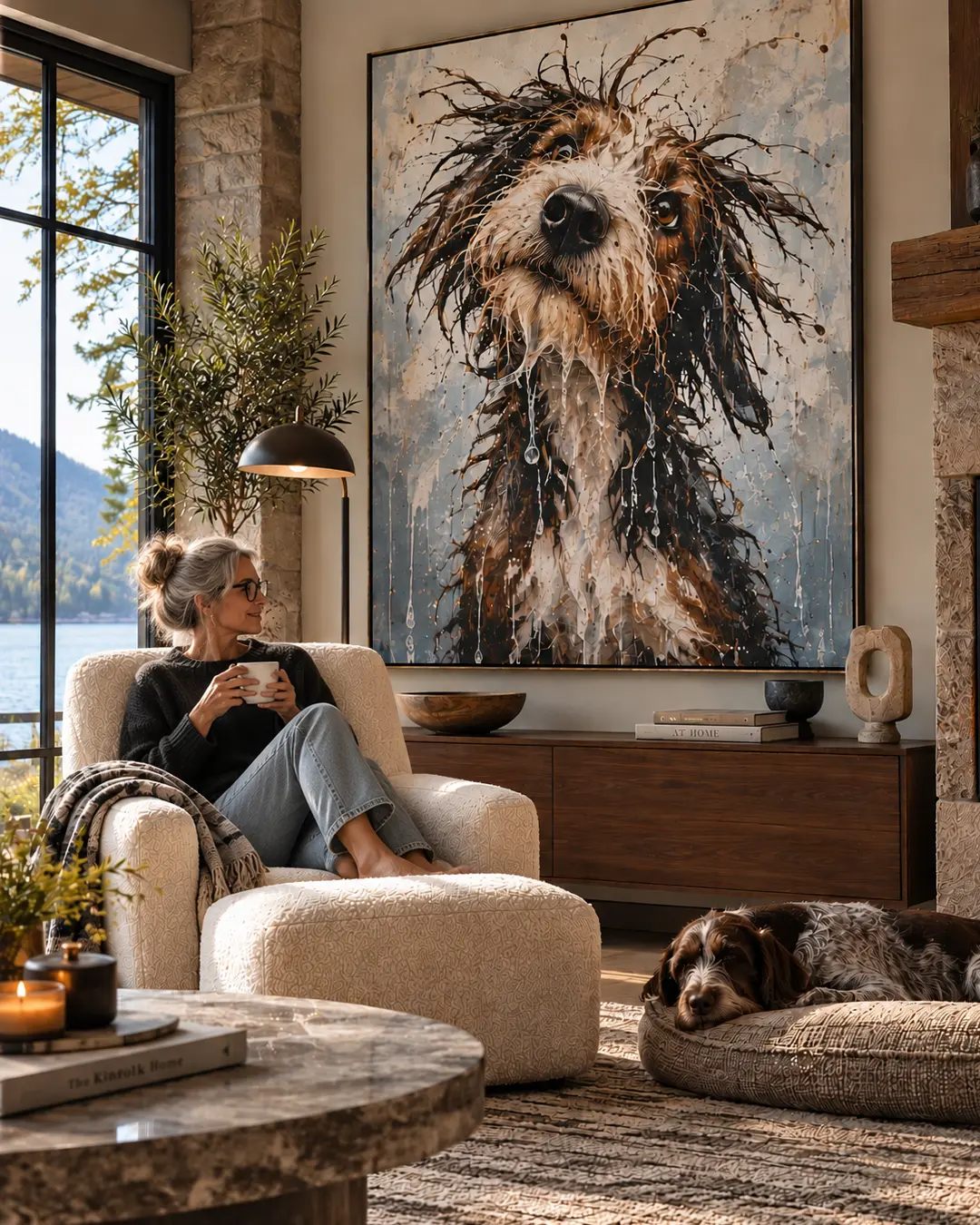 A woman enjoys coffee beside her resting dog beneath a dramatic oversized dog portrait in a warm, sophisticated lakeside living room.