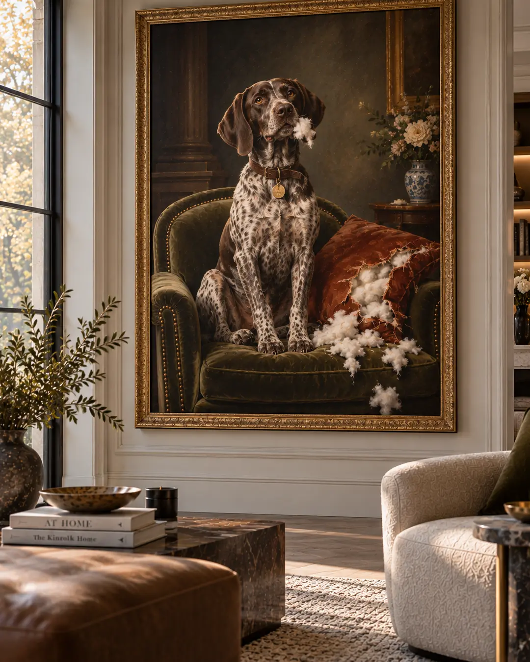 A guilty-looking dog sits beside a shredded cushion in an oversized classical portrait, turning household destruction into grand, sophisticated art.