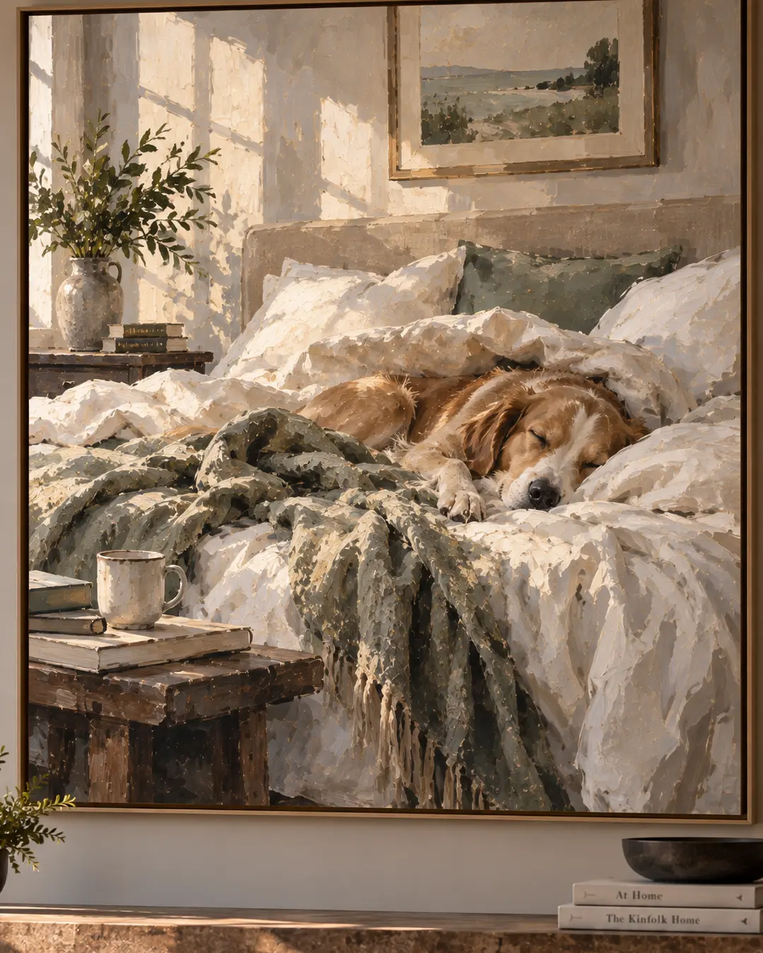 A sleeping dog sprawls across a beautifully rumpled bed in an oversized painting that captures the quiet luxury of a slow morning.