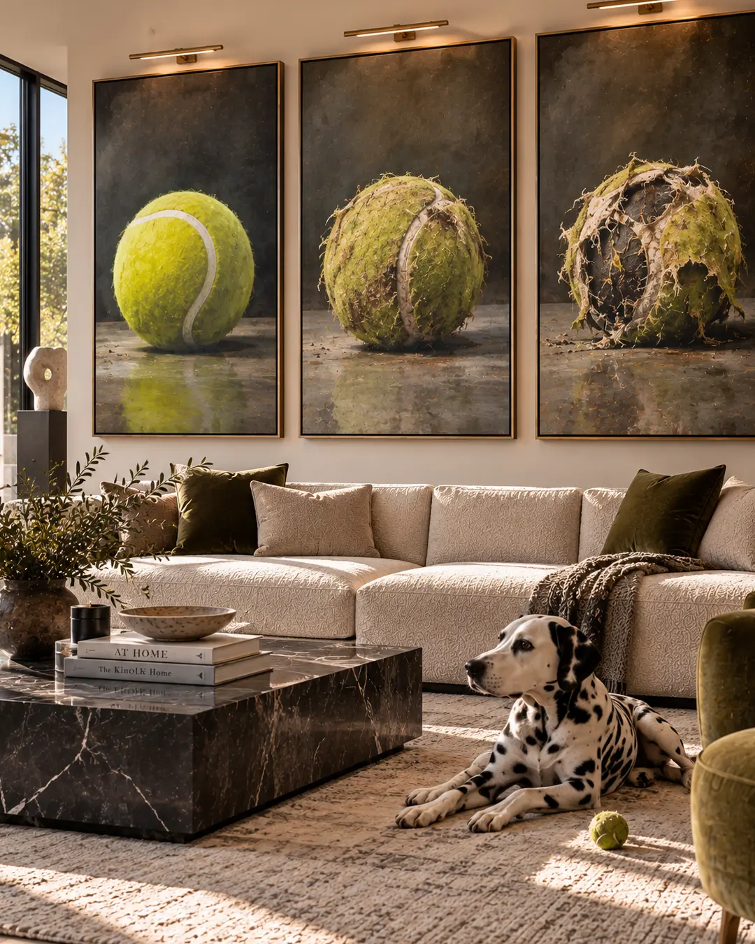 A Dalmatian relaxes beneath a striking triptych showing a tennis ball progressing from pristine to completely destroyed.