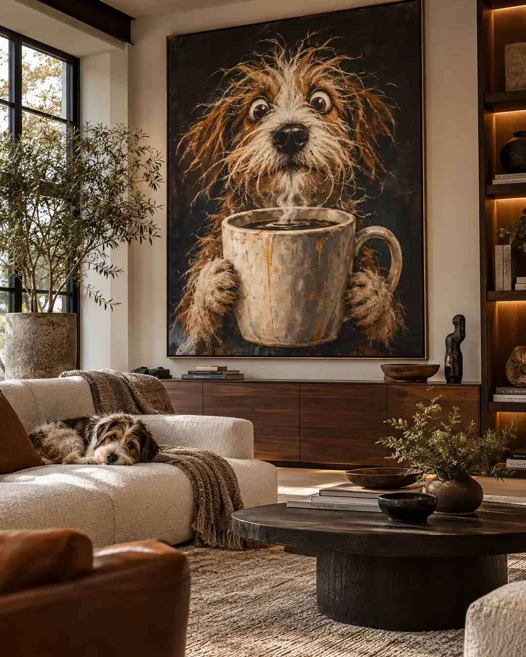 A shaggy dog lounges beneath an oversized coffee-dog painting in a warm, sophisticated living room filled with rich textures and walnut.