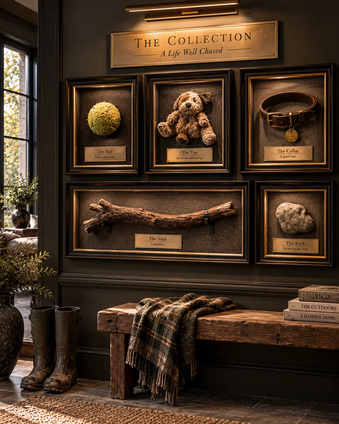 A dog’s treasured ball, toy, collar, stick and mysterious rock are displayed like museum artifacts in a handsome, sophisticated entryway.
