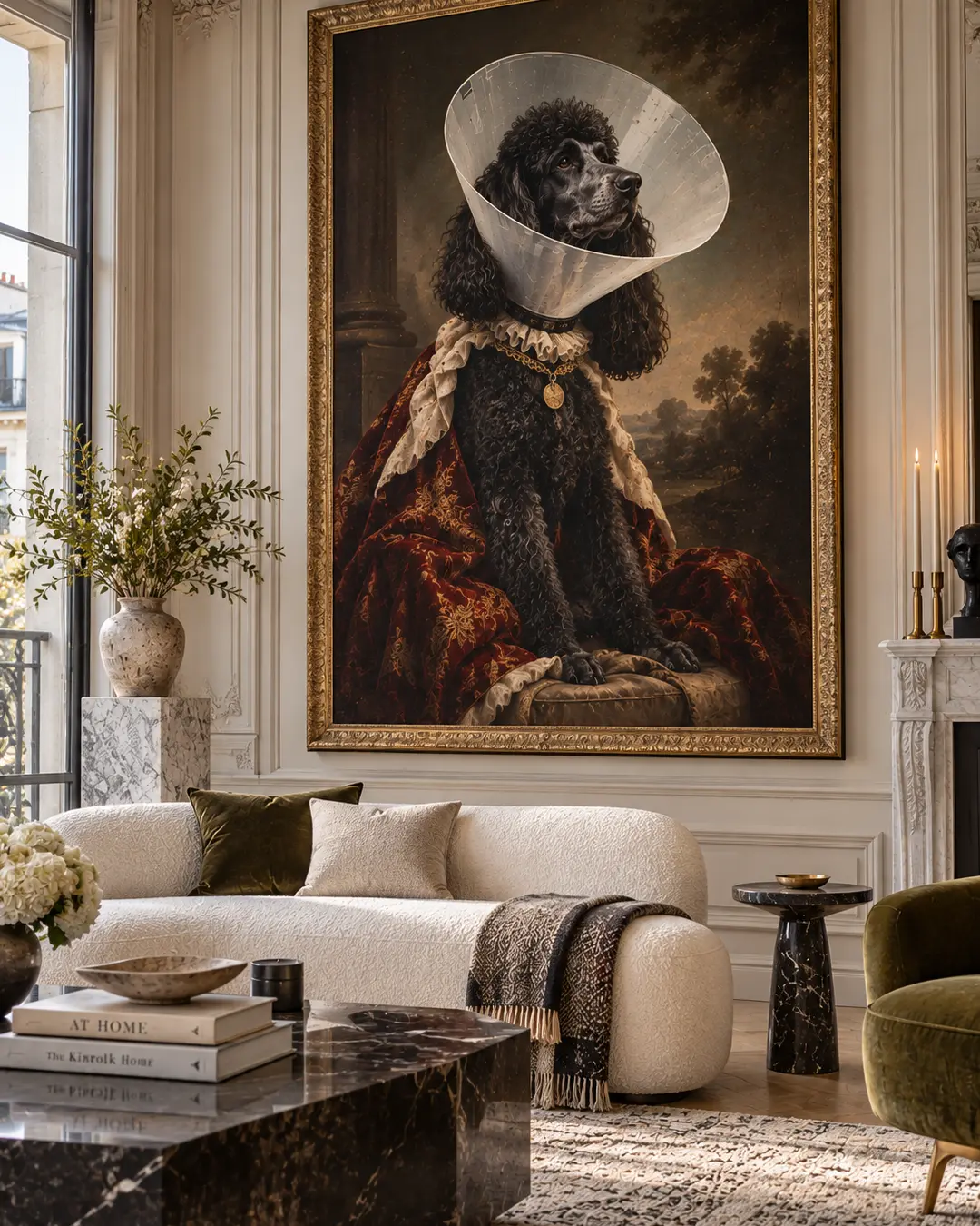 A grand portrait of a regal black poodle wearing a cone dominates an elegant Parisian living room, turning an indignity into aristocratic art.