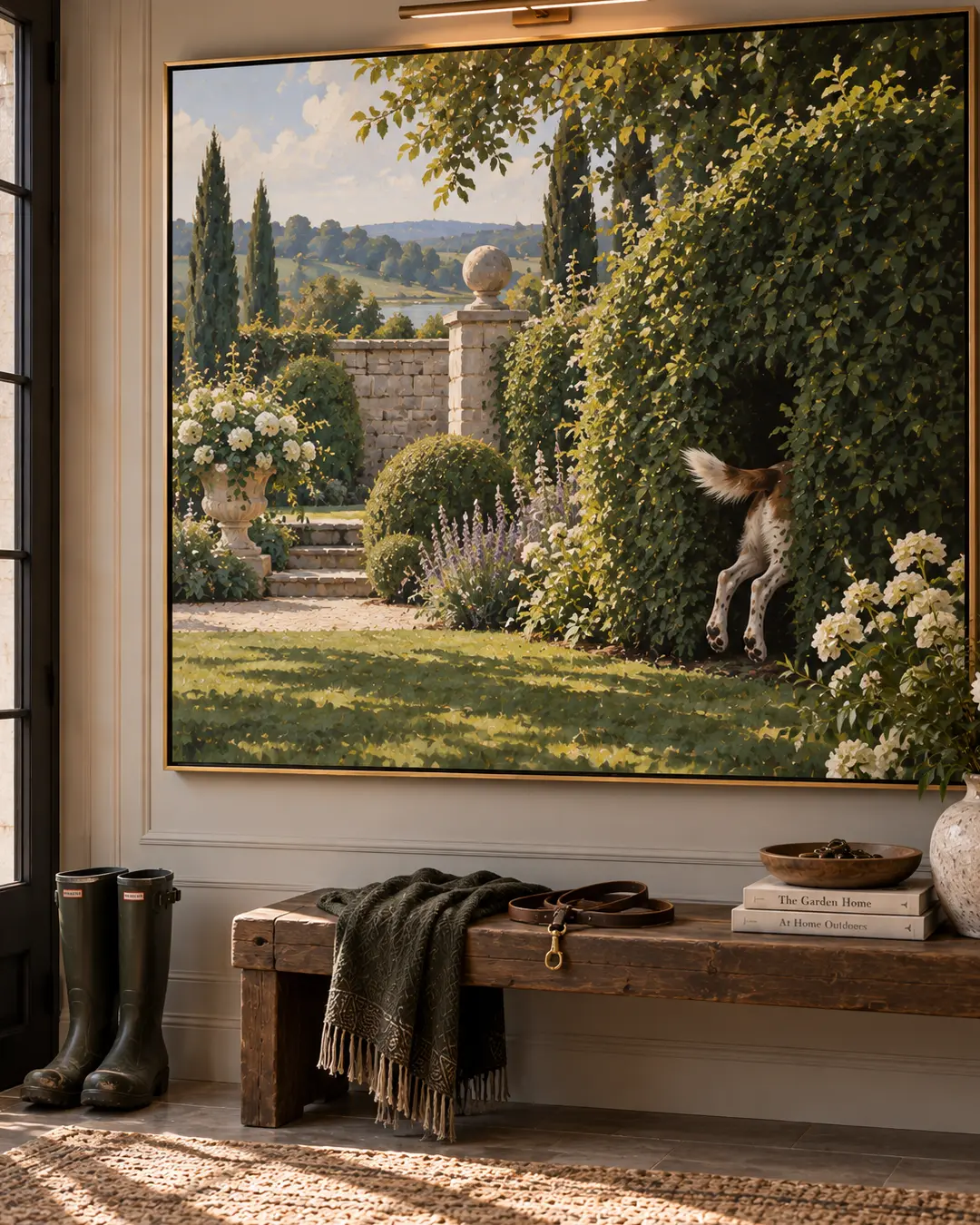 A dog disappears headfirst into a hedge in a playful garden painting displayed above a rustic bench with boots and leash.
