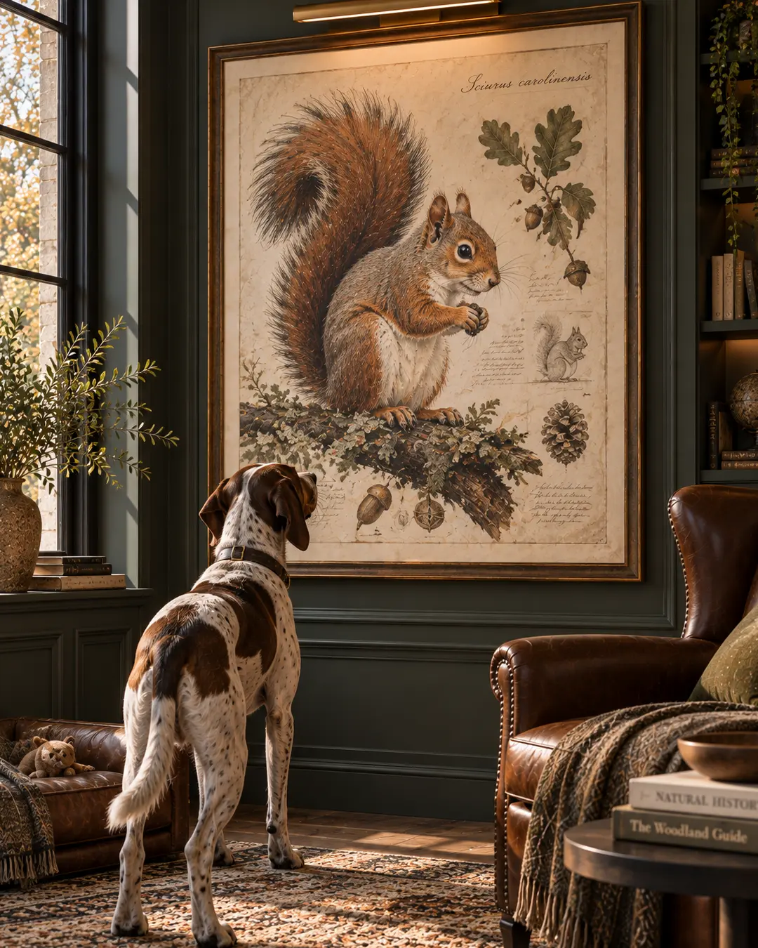 A curious dog studies an oversized vintage squirrel illustration in a richly layered study, turning canine obsession into sophisticated natural-history art.