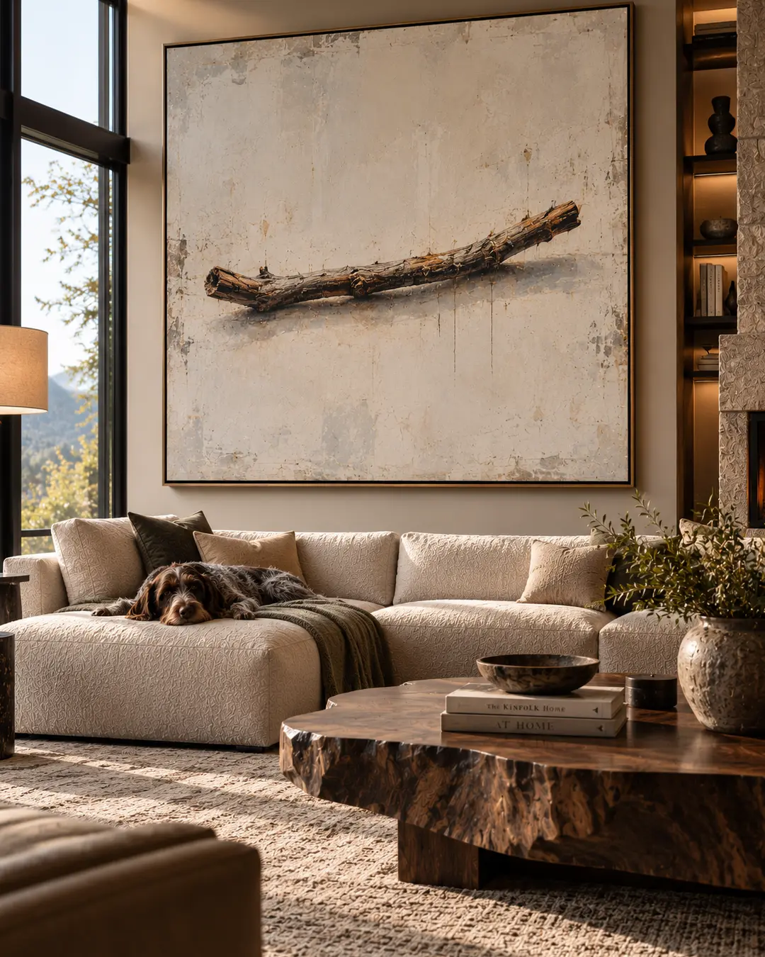 A shaggy dog lounges beneath an enormous painting of a single weathered stick in a sophisticated, light-filled living room.