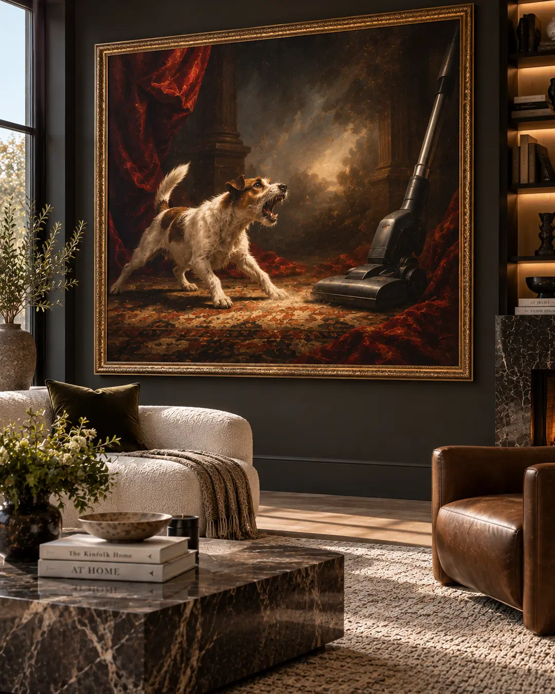 A tiny terrier dramatically confronts a vacuum cleaner in an enormous classical-style painting displayed in a sophisticated dark living room.