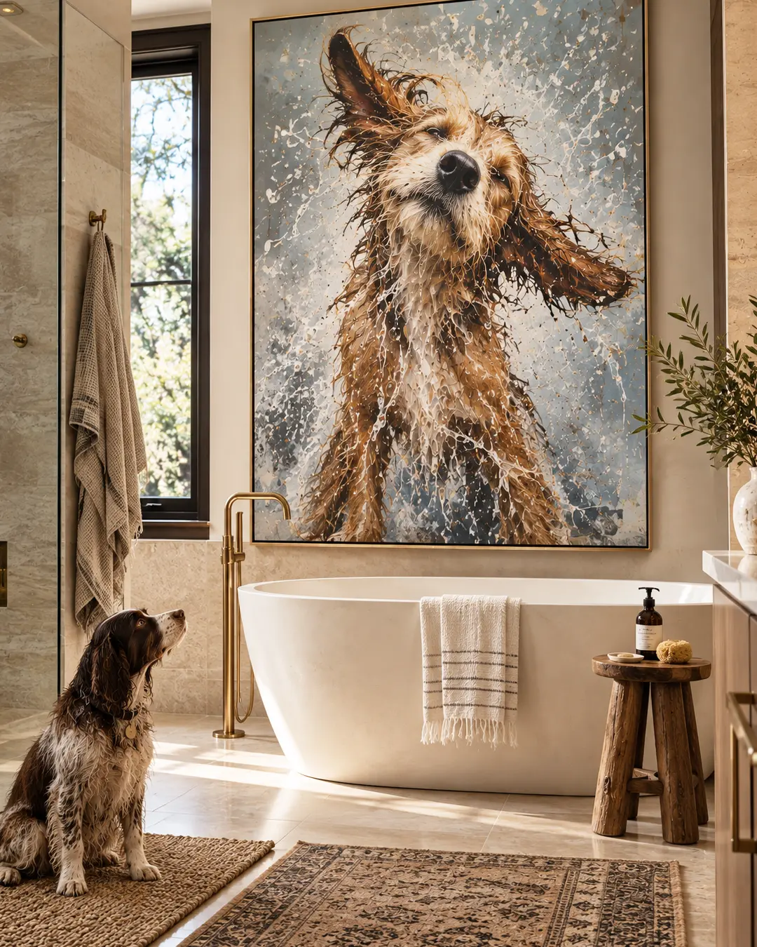 A dog gazes up at an enormous, playful portrait of a soaking wet dog shaking off water above a freestanding tub in a luxurious bathroom.