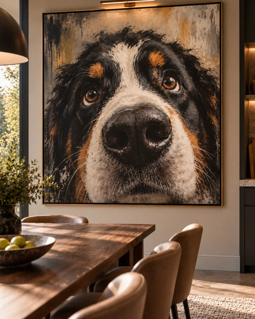 An enormous close-up portrait of a Bernese Mountain Dog brings humour, personality and dramatic scale to a warm, sophisticated dining room.