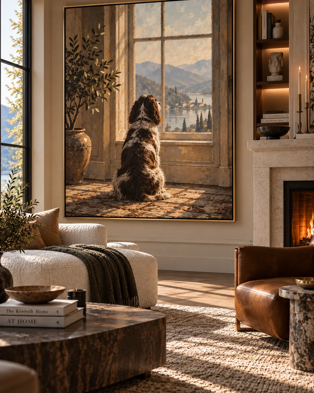 A contemplative dog gazes through a window toward distant mountains and water in an oversized painting displayed in an elegant living room.