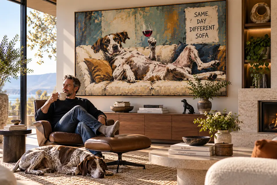 A man relaxes with his dog beneath a witty oversized painting of a lounging dog enjoying wine on the sofa.
