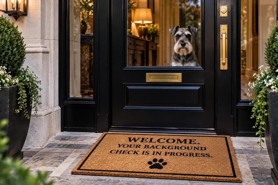 A Schnauzer watches through an elegant front door above a doormat reading, “Welcome. Your background check is in progress.”