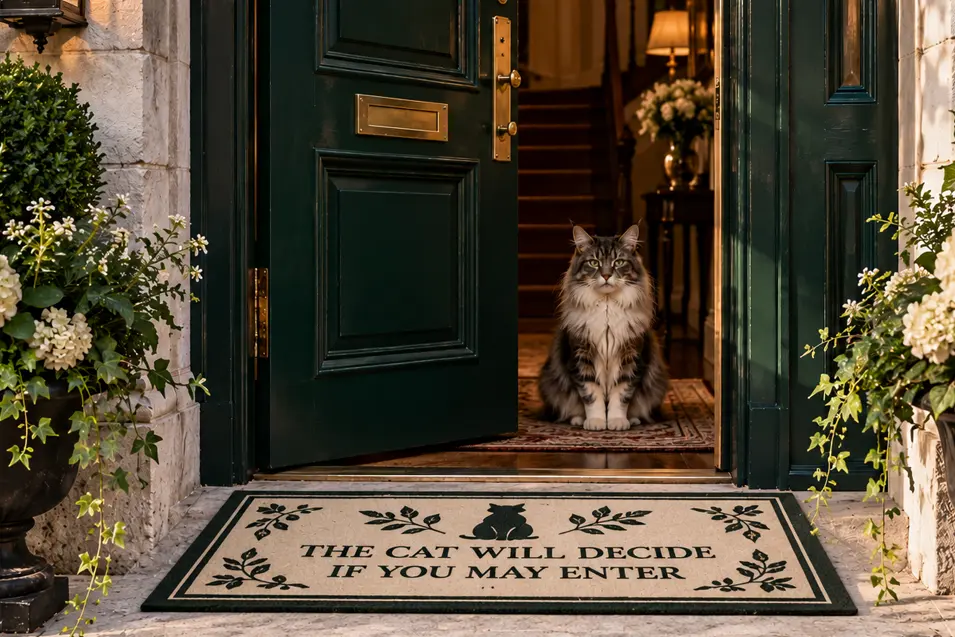 A stately cat guards an elegant doorway beside a doormat reading, “The cat will decide if you may enter.”