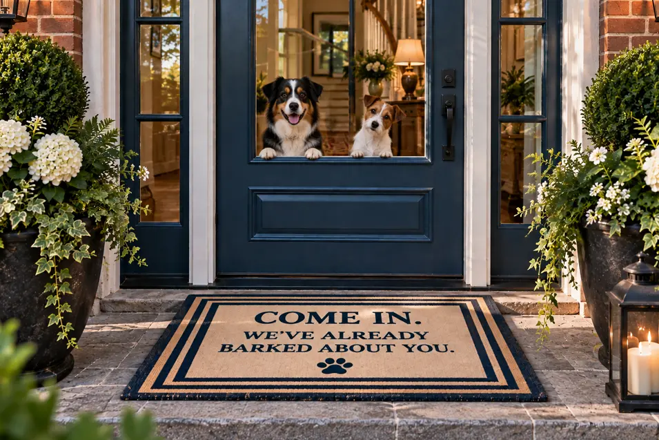 Two dogs peek through the front door above a doormat reading, “Come in. We’ve already barked about you.”