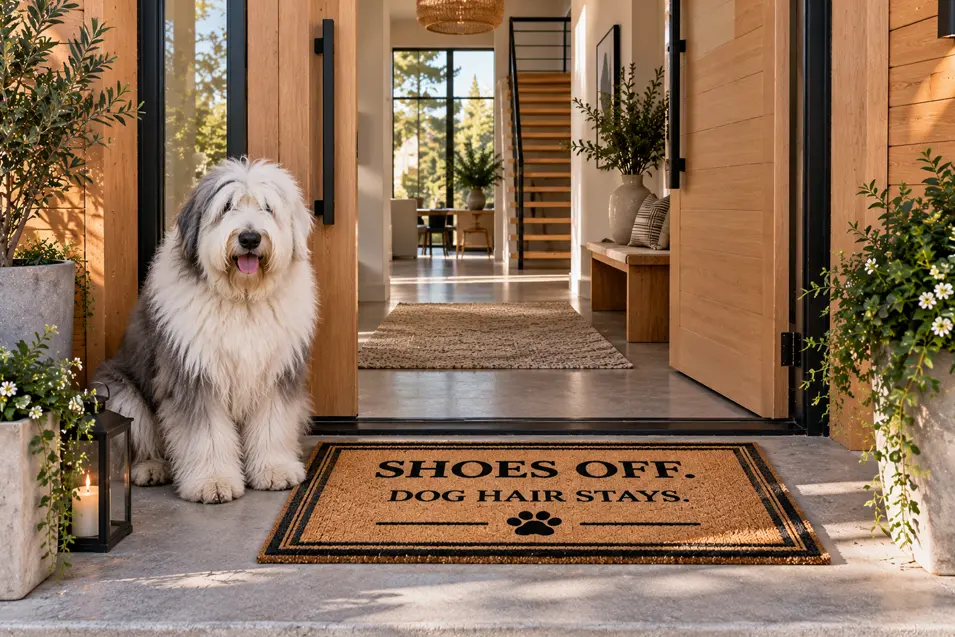 An Old English Sheepdog sits at a modern entrance beside a doormat reading, “Shoes off. Dog hair stays.”