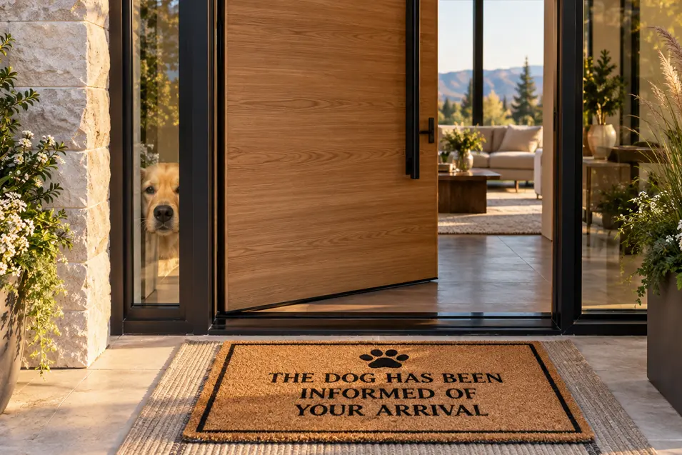 A Golden Retriever peeks through the doorway beside a doormat announcing, “The dog has been informed of your arrival.”