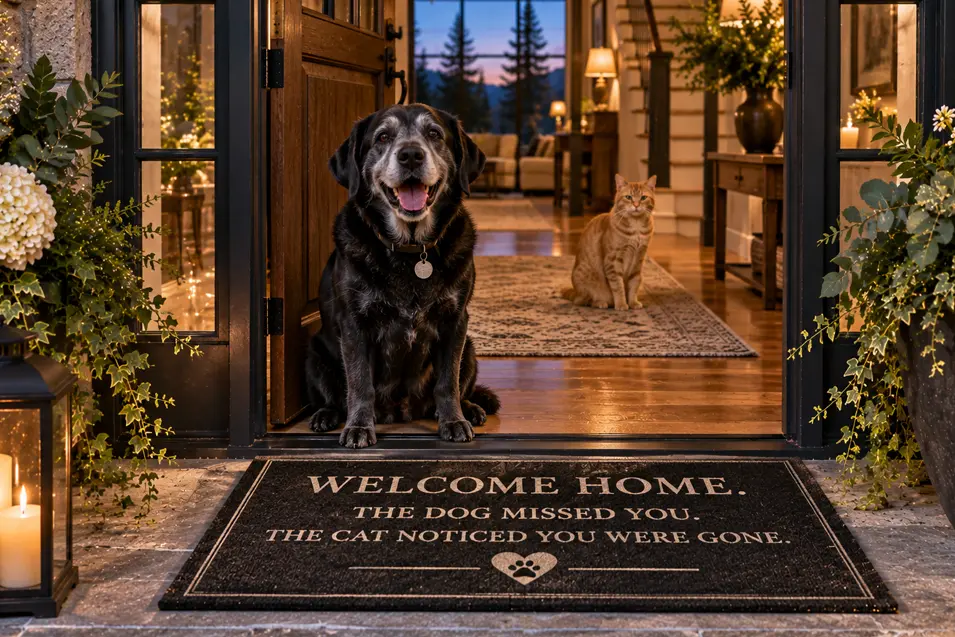 A happy dog and aloof cat welcome you home beside a doormat reading, “The dog missed you. The cat noticed you were gone.”