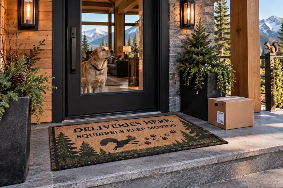 A dog watches a squirrel from the door beside a package and a doormat reading, “Deliveries here. Squirrels keep moving.”