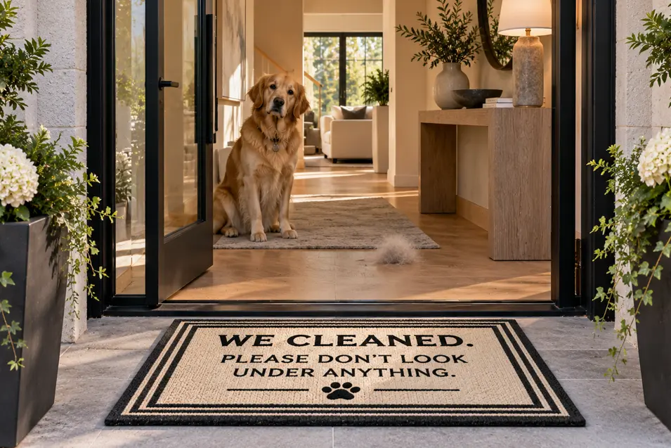A Golden Retriever sits inside a tidy home beside a doormat reading, “We cleaned. Please don’t look under anything.”
