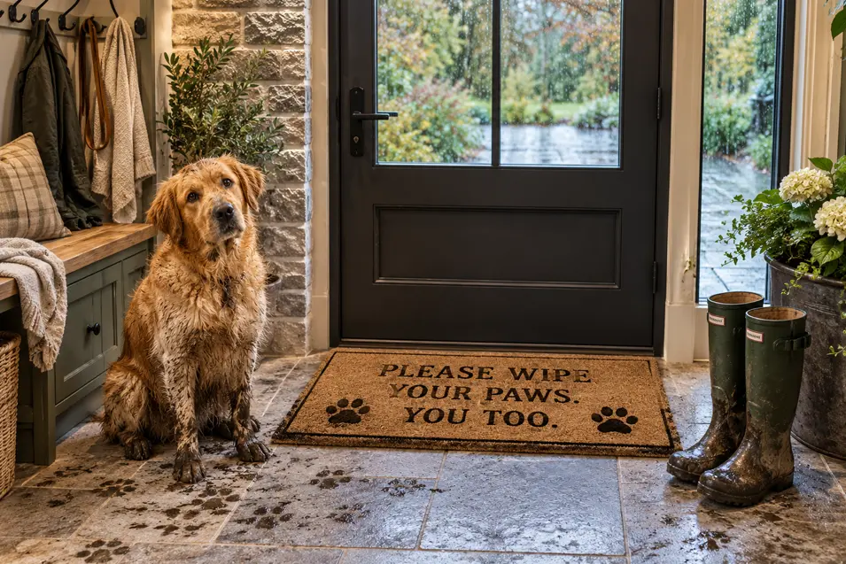 A muddy Golden Retriever sits by the door beside a doormat reading, “Please wipe your paws. You too.”