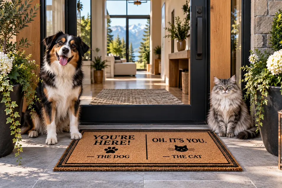 A cheerful dog and unimpressed cat greet visitors beside a doormat showing their very different reactions to your arrival.