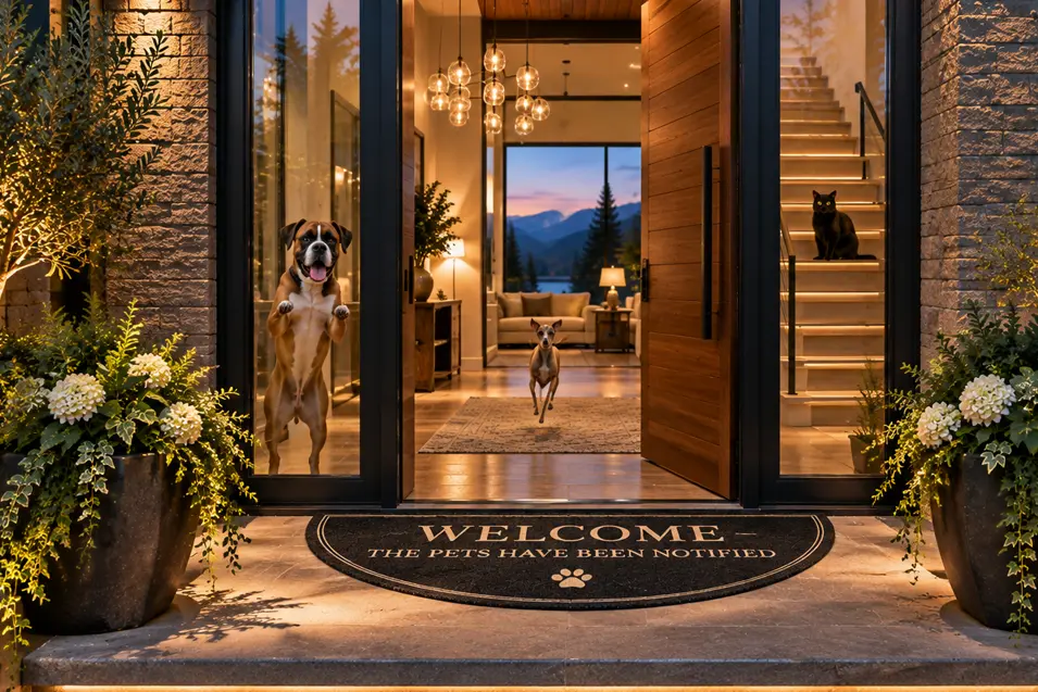 Dogs and a cat gather at a glowing modern entrance beside a doormat reading, “Welcome — the pets have been notified.”