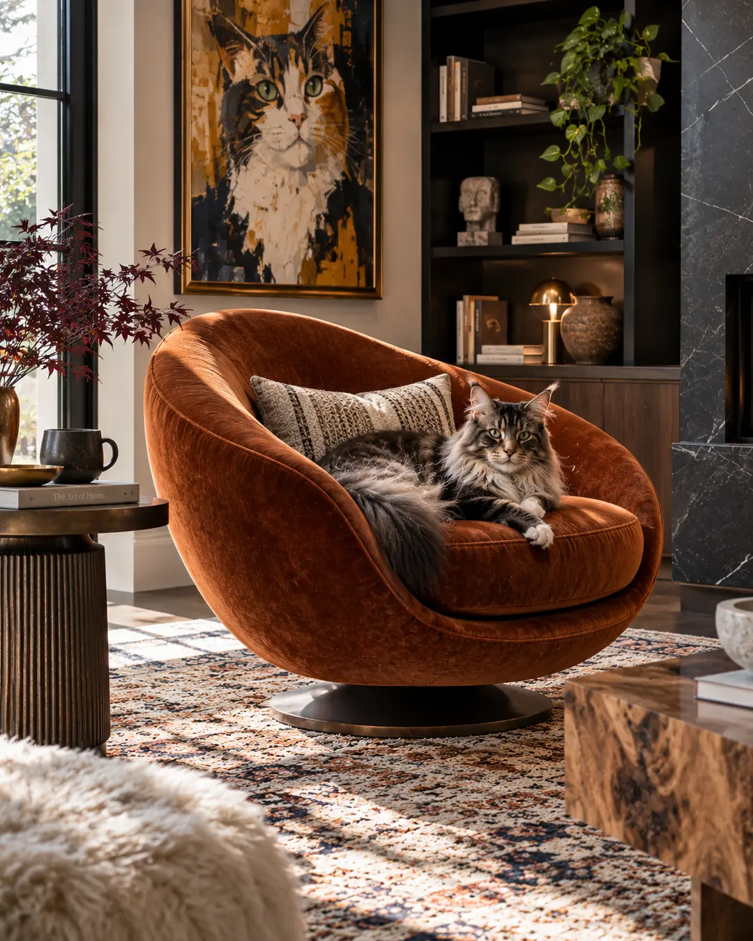 Maine Coon claims a sculptural rust velvet chair in a warm, personality-filled living room with rich textures, bold art and layered details.