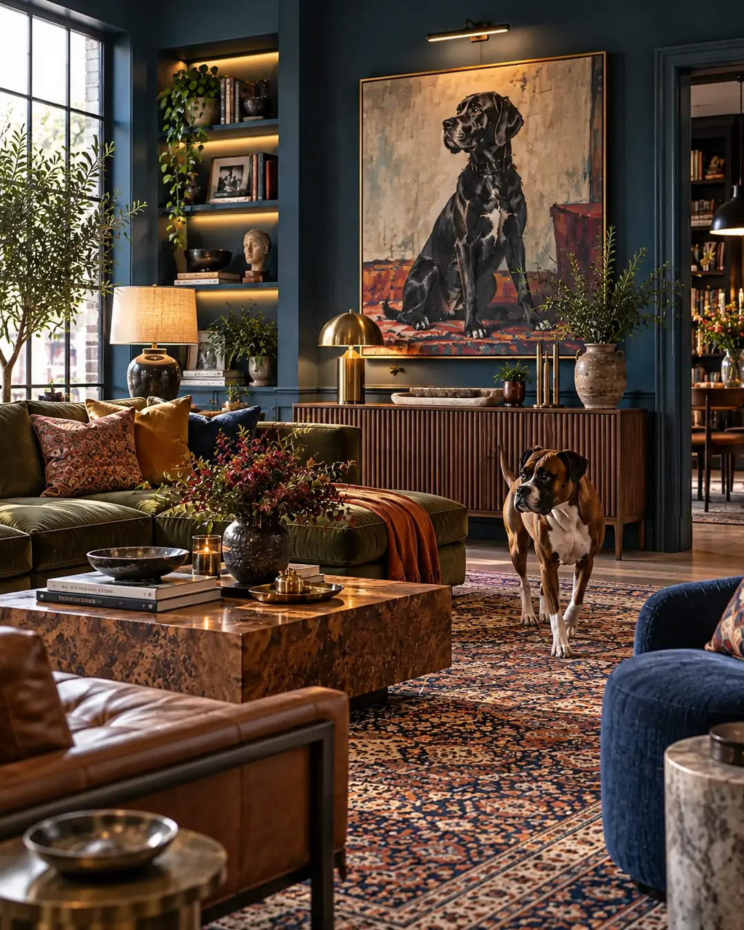 Rich, colourful living room with a Boxer walking through layered seating, bold traditional rugs, deep blue walls and dramatic dog artwork.