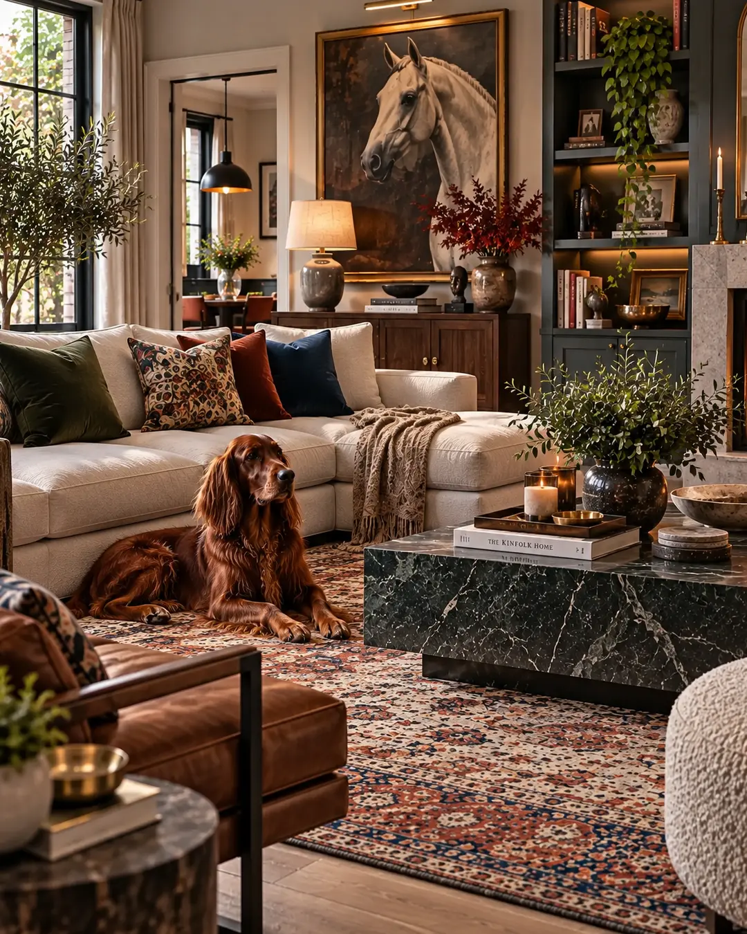 Rich, layered living room with an Irish Setter relaxing on a patterned rug, surrounded by warm leather, classic furnishings and equestrian art.