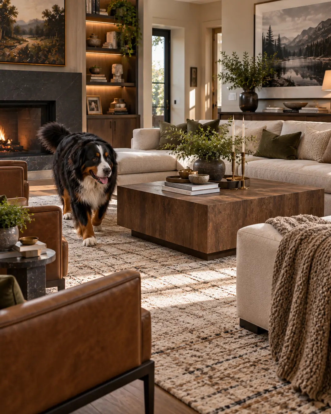 Spacious pet-friendly living room with a Bernese Mountain Dog moving easily around a large coffee table and well-spaced seating.