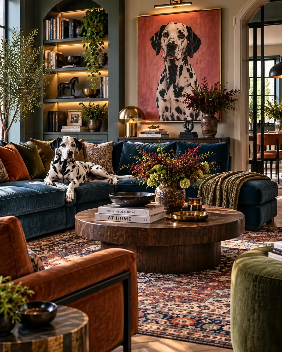 Colourful pet-friendly living room with a Dalmatian lounging on a deep blue sofa, surrounded by rich textures, patterned rugs and bold dog art.